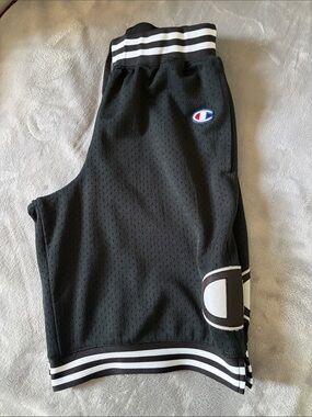 Champion Black Mesh Shorts with White Stripe Waistband